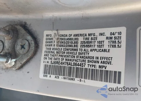 2010 Honda Cr-V Ex-L from USA, damaged, VIN 5J6RE4H76AL064457